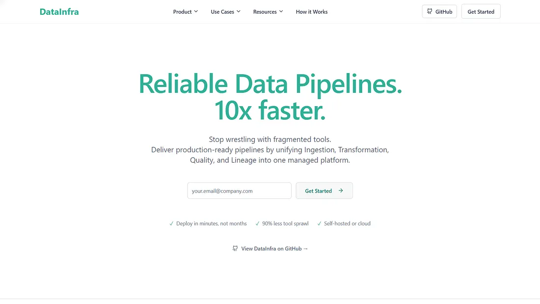 Devtool landing page hero section focused on reliable data and reduced complexity