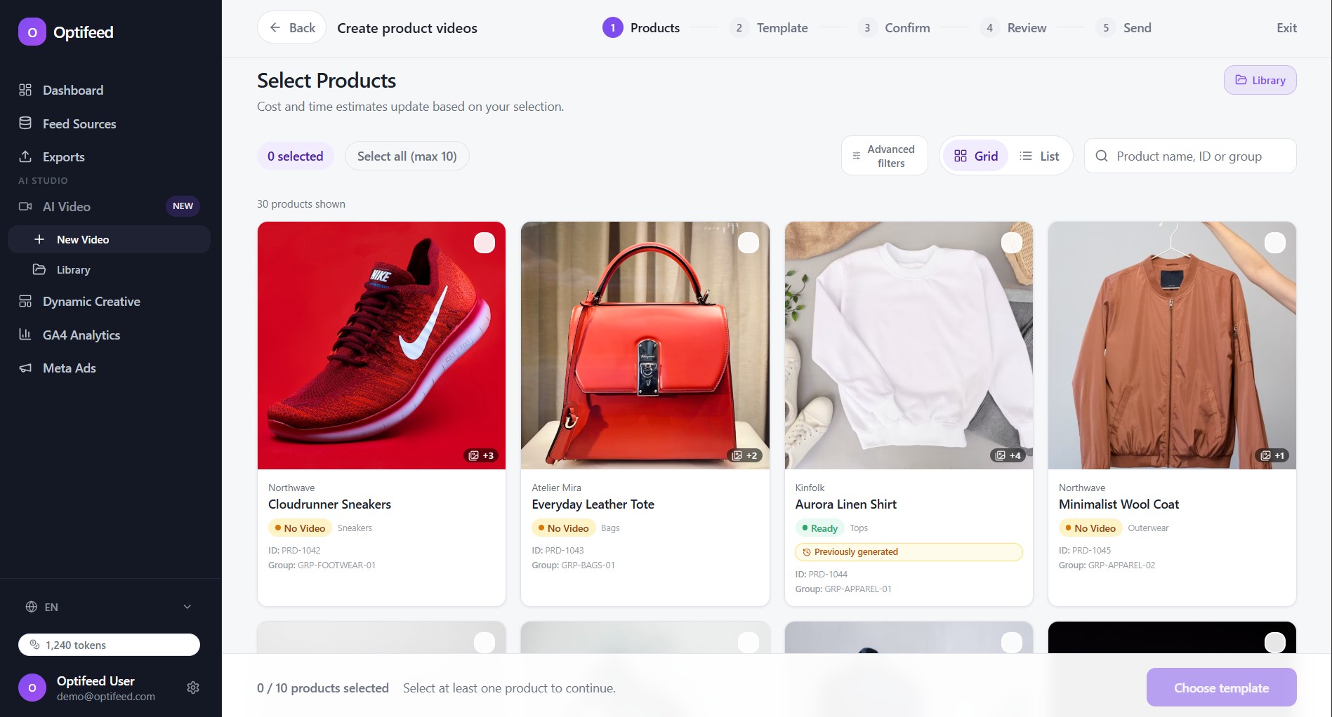 Optivideo prototype product selection screen