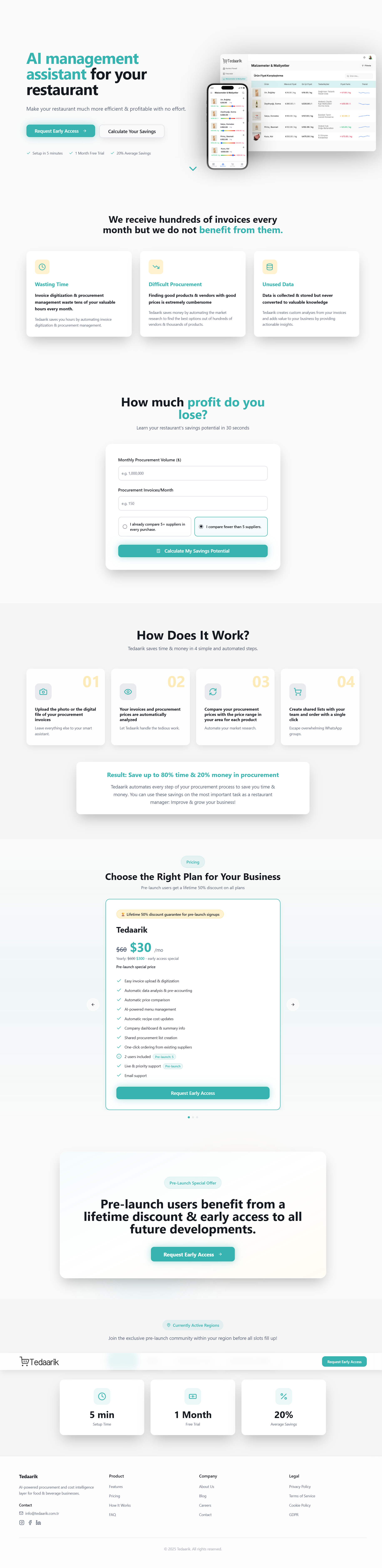 Complete Tedaarik pre-launch landing page from hero to footer