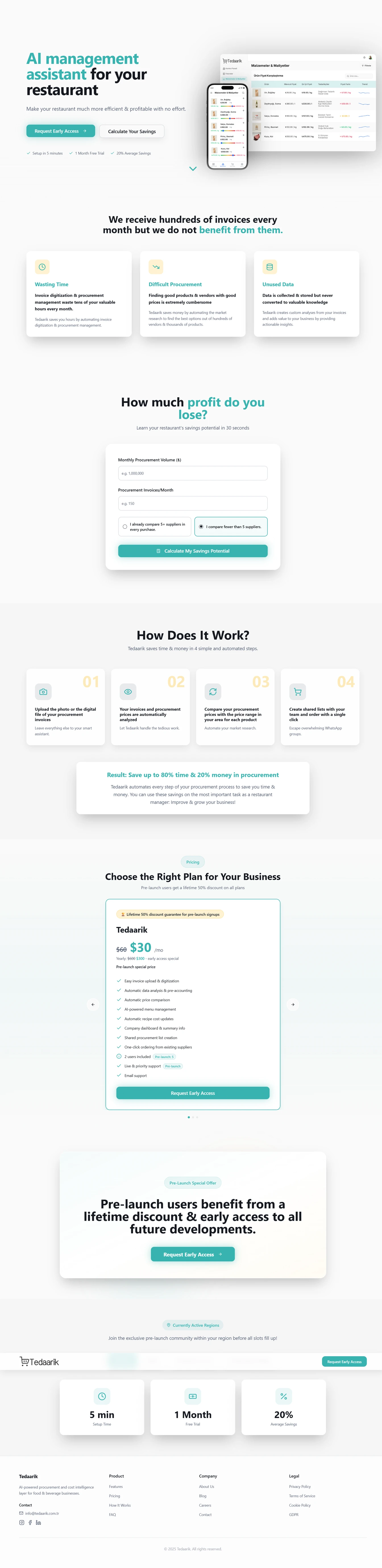 Complete Tedaarik pre-launch landing page from hero to footer